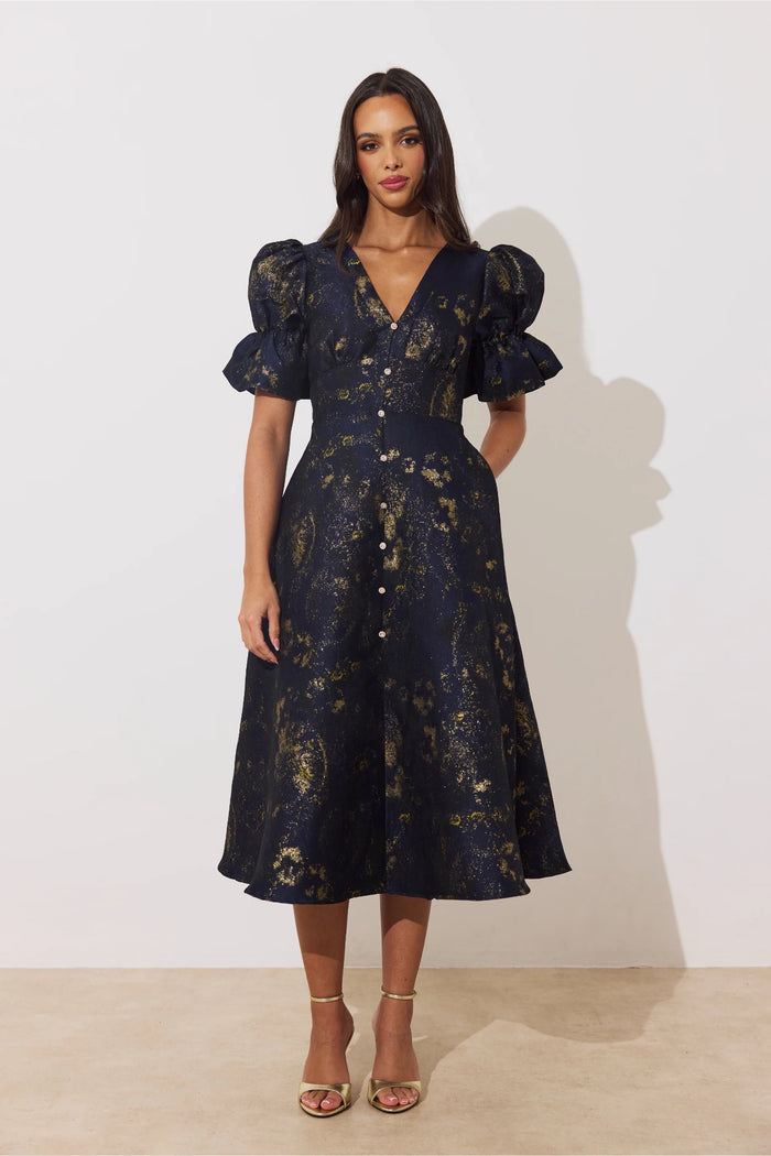 8th Sign Callie Button Dress Midnight Blue Gold worn by model. Shop 8th Sign at Dotique.
