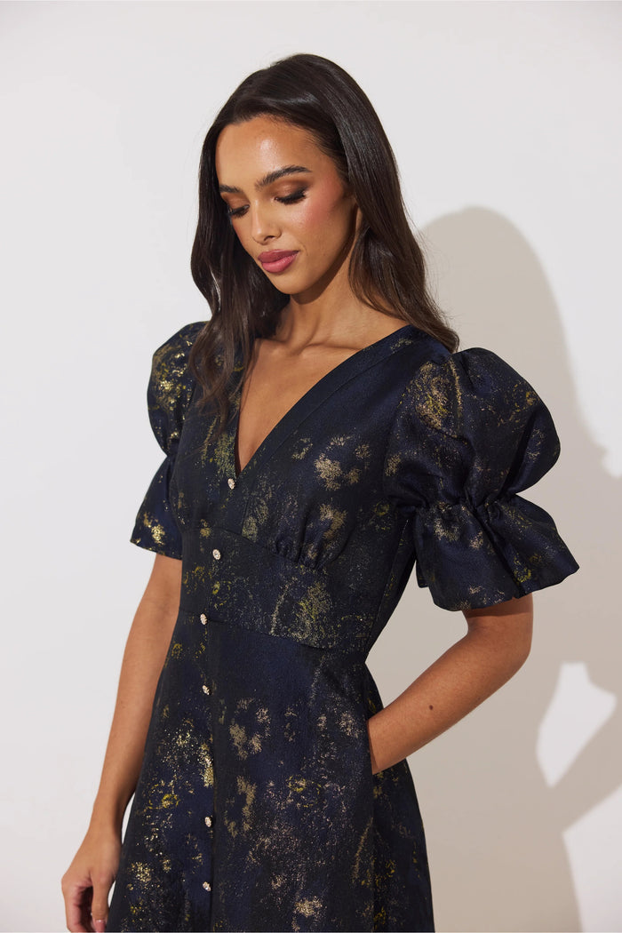 8th Sign Callie Button Dress Midnight Blue Gold worn by model. Shop 8th Sign at Dotique.