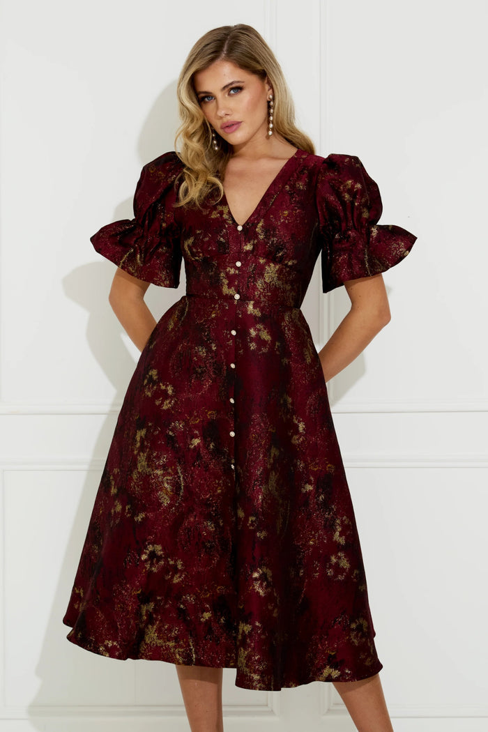 8th Sign Callie Button Dress Oxblood worn by model. Shop 8th Sign at Dotique.