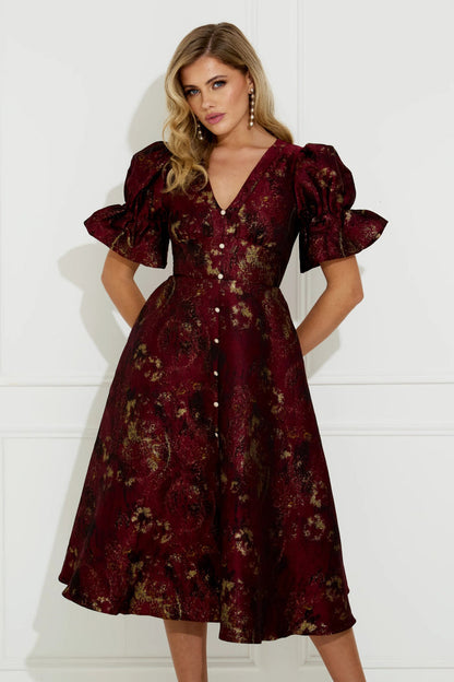8th Sign Callie Button Dress Oxblood worn by model. Shop 8th Sign at Dotique.