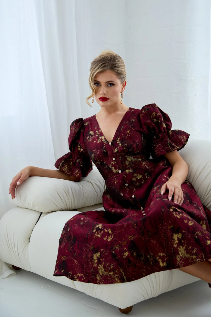 8th Sign Callie Button Dress Oxblood worn by model. Shop 8th Sign at Dotique.