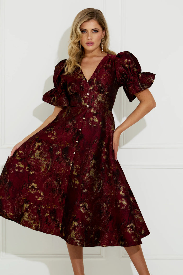 Model wearing 8th Sign Callie Button Dress Oxblood. Shop 8th Sign at Dotique.