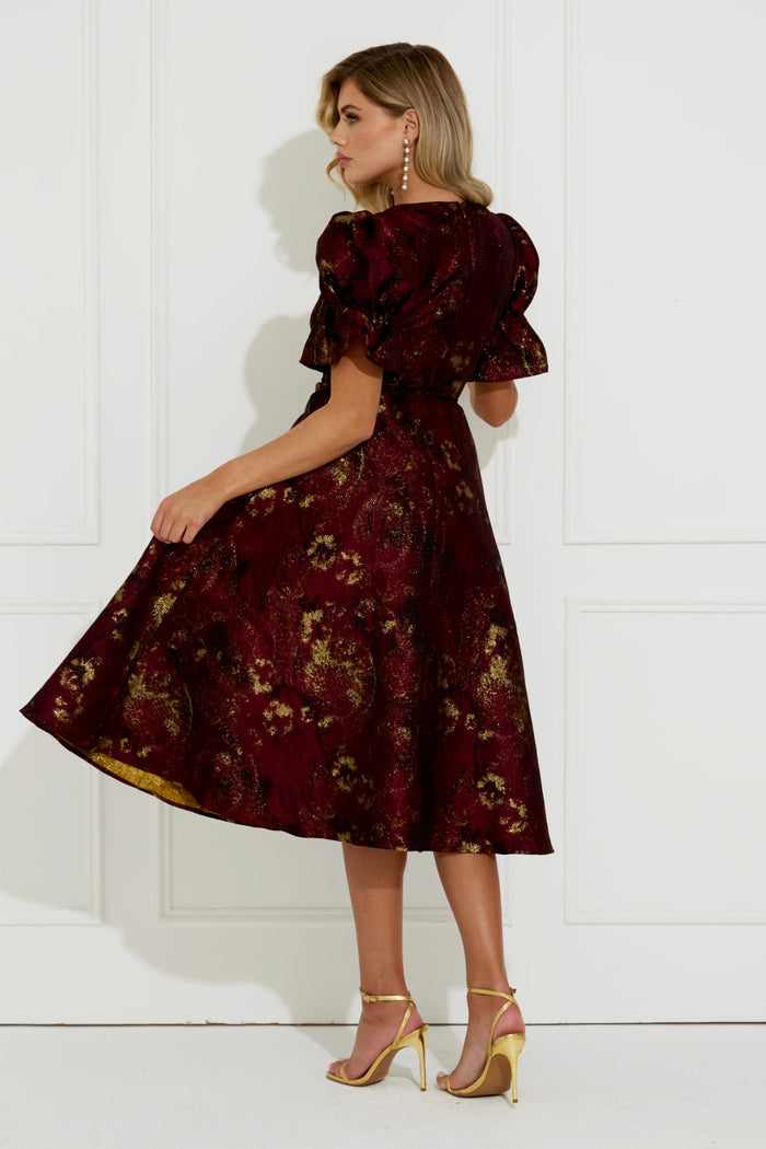 8th Sign Callie Button Dress Oxblood worn by model. Shop 8th Sign at Dotique.