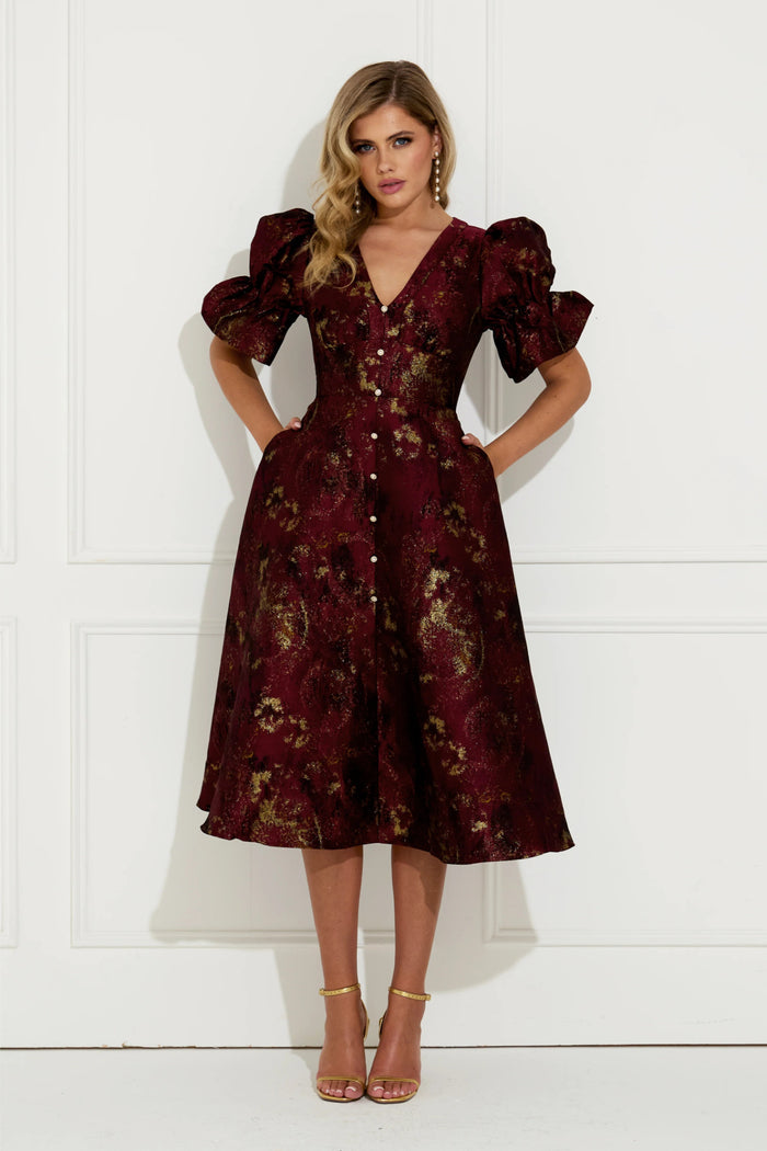 8th Sign Callie Button Dress Oxblood worn by model. Shop 8th Sign at Dotique.