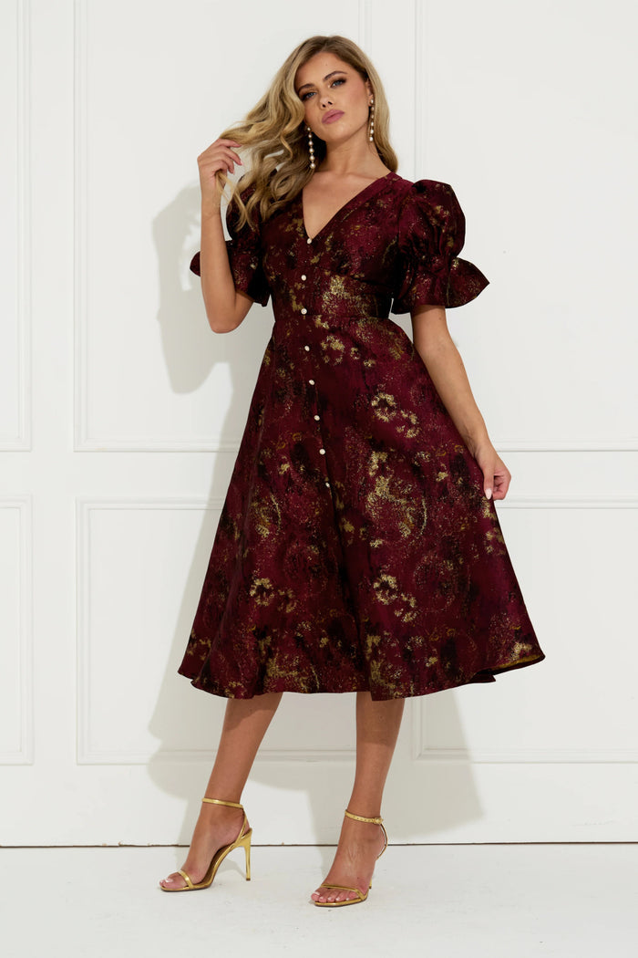 8th Sign Callie Button Dress Oxblood worn by model. Shop 8th Sign at Dotique.