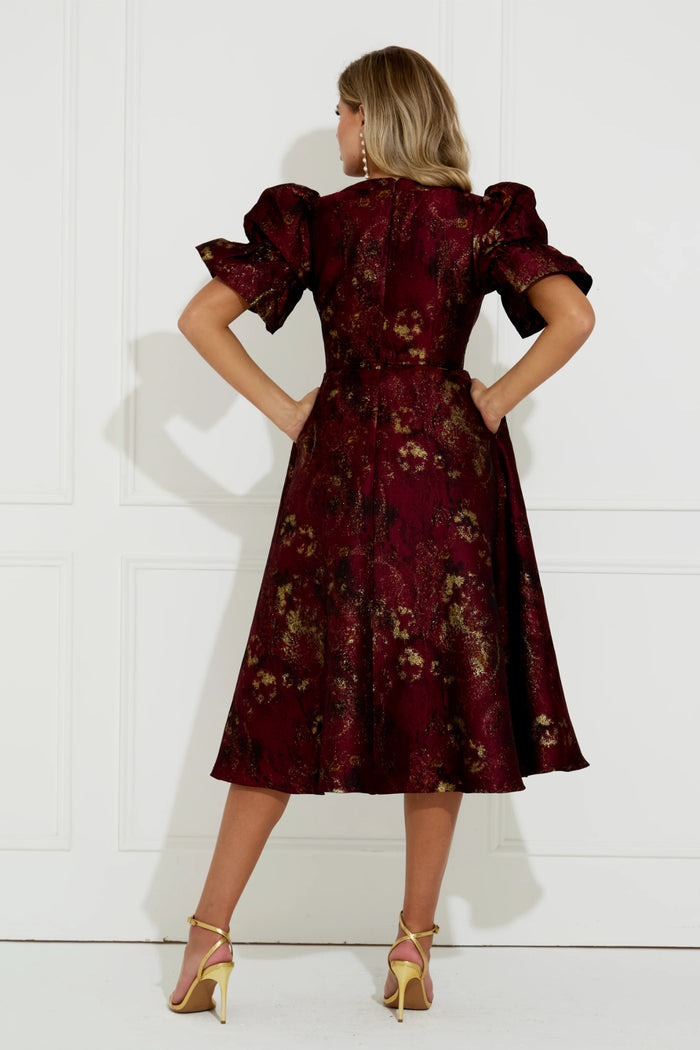 8th Sign Callie Button Dress Oxblood back view on model. Shop 8th Sign at Dotique.