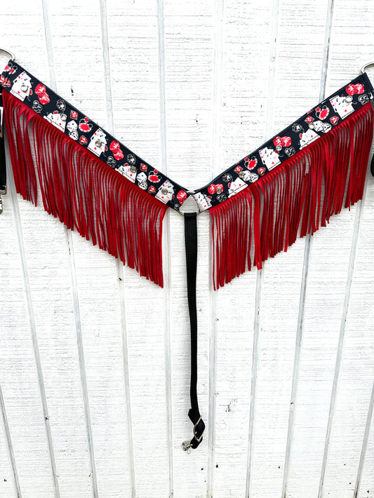 Vegas nylon fringe breast collar with red leather fringe.