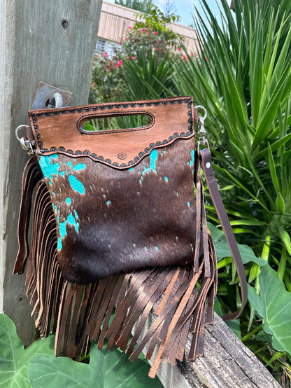 Teal splash cowhide purse with bronze fringe