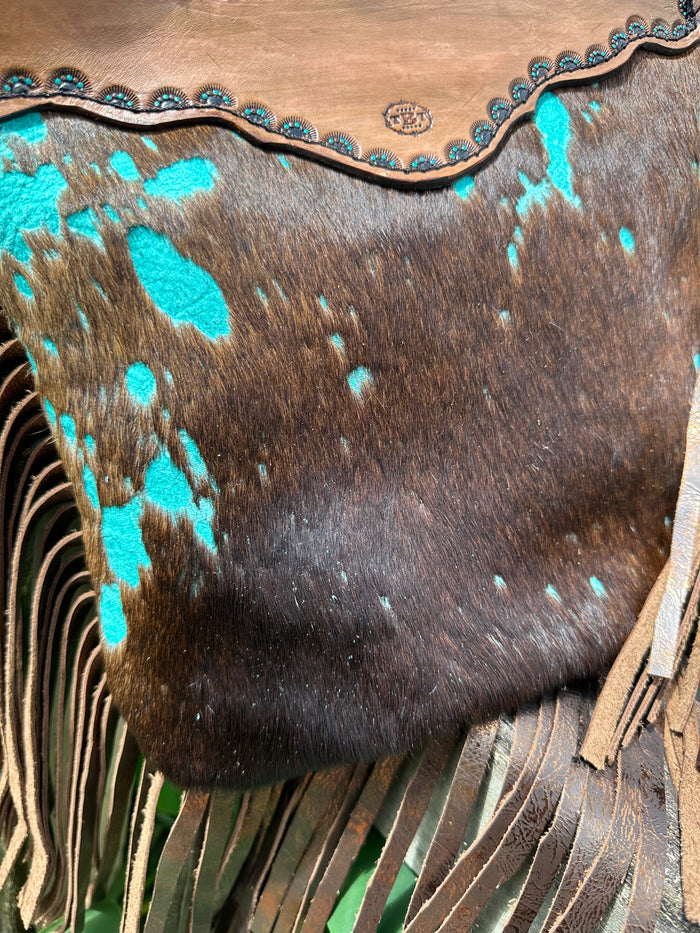 Teal splash cowhide purse with bronze fringe