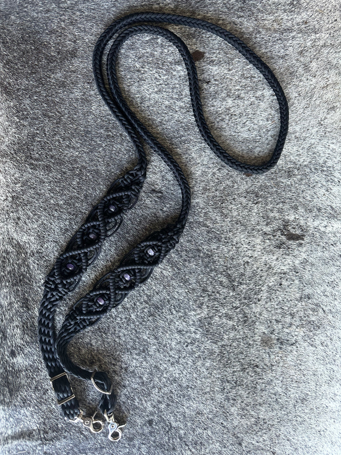 8' Fancy  braided loop reins black with amethyst - Tiffanys Braided Tack LLC