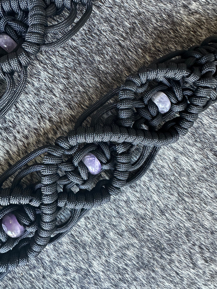 8' Fancy  braided loop reins black with amethyst - Tiffanys Braided Tack LLC