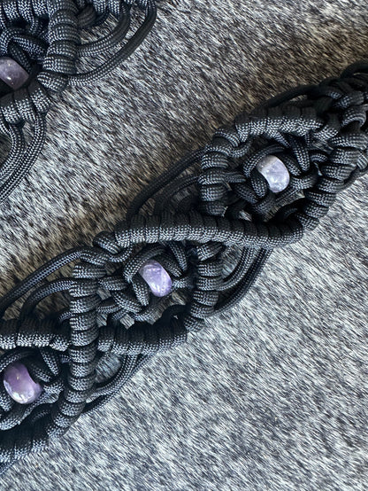 8' Fancy  braided loop reins black with amethyst - Tiffanys Braided Tack LLC