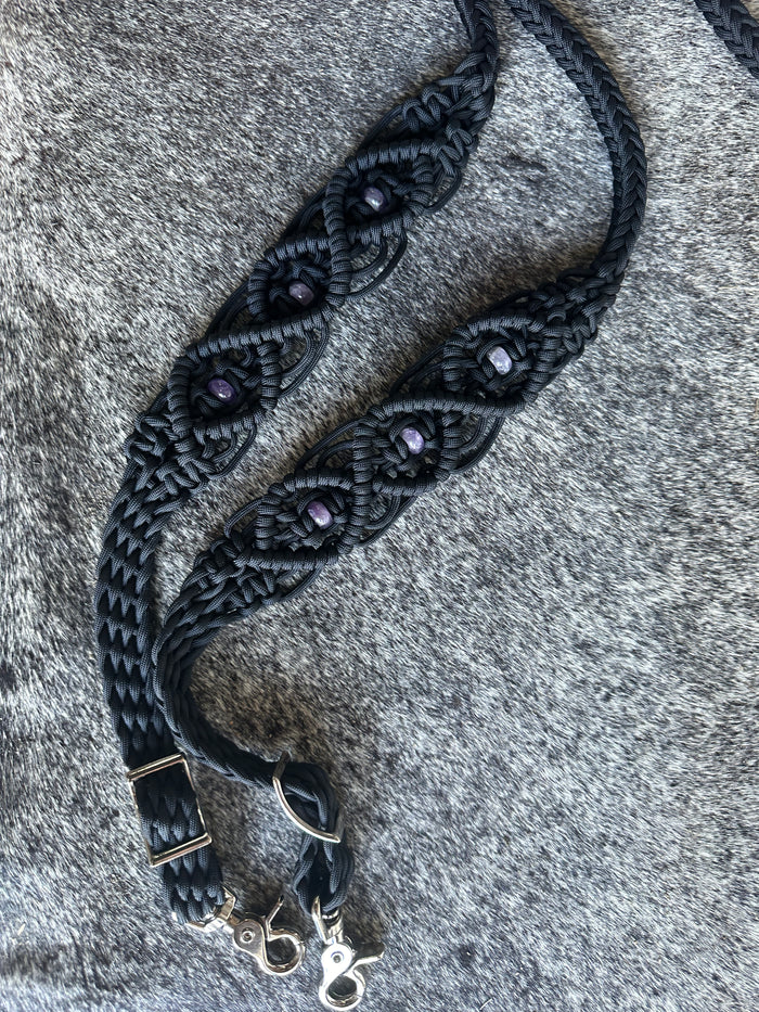 8' Fancy  braided loop reins black with amethyst - Tiffanys Braided Tack LLC