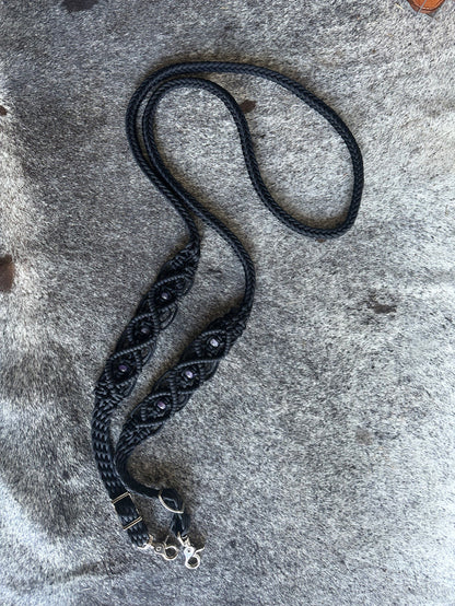 8' Fancy  braided loop reins black with amethyst - Tiffanys Braided Tack LLC