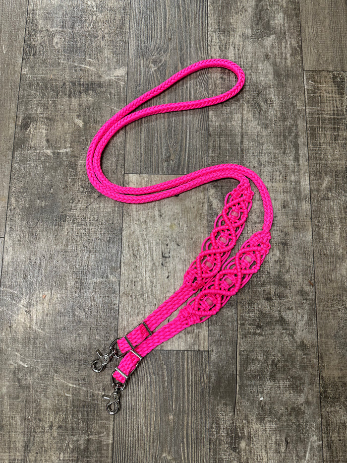 8' Fancy  braided beaded hot pink loop reins with rose quartz.