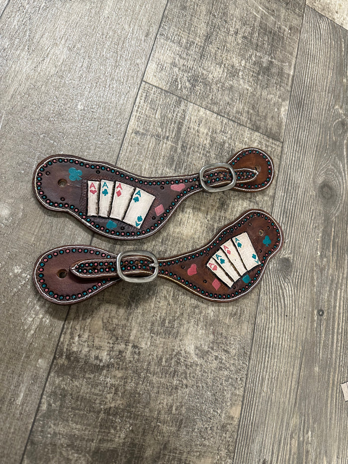 Hand tooled and painted deck of cards spur straps