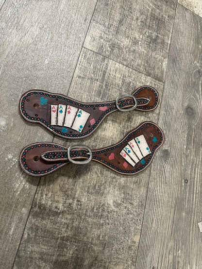 Hand tooled and painted deck of cards spur straps