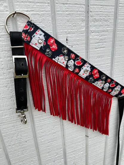 Vegas nylon fringe breast collar with red leather fringe.