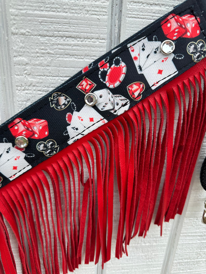 Vegas nylon fringe breast collar with red leather fringe.