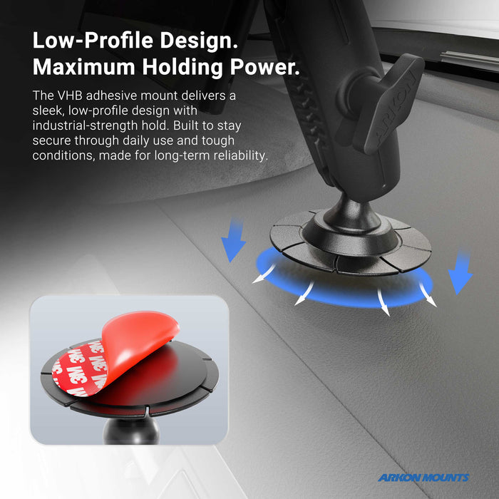 Introducing the Adhesive Mounting Pedestal - 17mm Ball Compatible, this car phone mount features an ARKON Mounts adhesive pedestal with a round adhesive base that securely attaches to your dashboard. Arrows highlight its powerful grip, while a close-up inset displays the adhesive with its red cover partially peeled back. Text emphasizes its low-profile yet strong design.