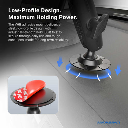 Introducing the Adhesive Mounting Pedestal - 17mm Ball Compatible, this car phone mount features an ARKON Mounts adhesive pedestal with a round adhesive base that securely attaches to your dashboard. Arrows highlight its powerful grip, while a close-up inset displays the adhesive with its red cover partially peeled back. Text emphasizes its low-profile yet strong design.