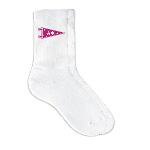 Alpha Phi collegiate pennant crew socks featuring Alpha Phi Greek letters on white sporty crew socks