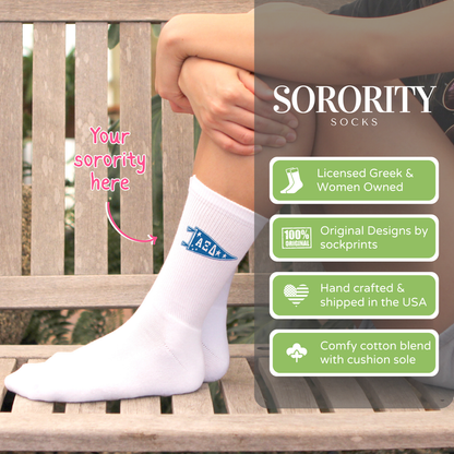 College student wearing sorority crew socks with infographic highlighting cotton blend fabric, eco-friendly inks, officially licensed Greek merchandise, women-owned business, and hand processed in the USA