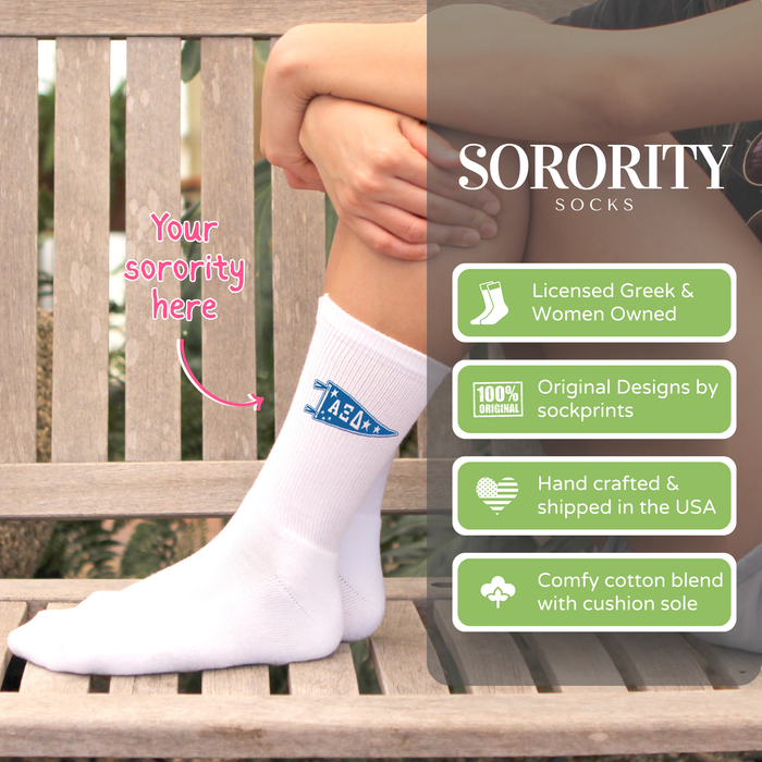 College student wearing sorority crew socks with infographic highlighting cotton blend fabric, eco-friendly inks, officially licensed Greek merchandise, women-owned business, and hand processed in the USA