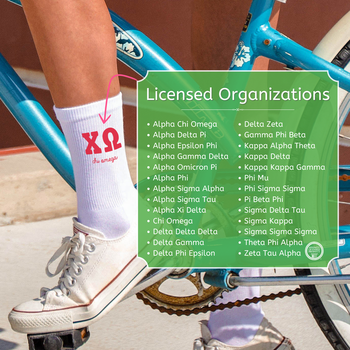 Size chart for officially licensed sorority crew socks showing women's sock sizing, Greek licensing certification, cotton blend construction, and USA-made product information