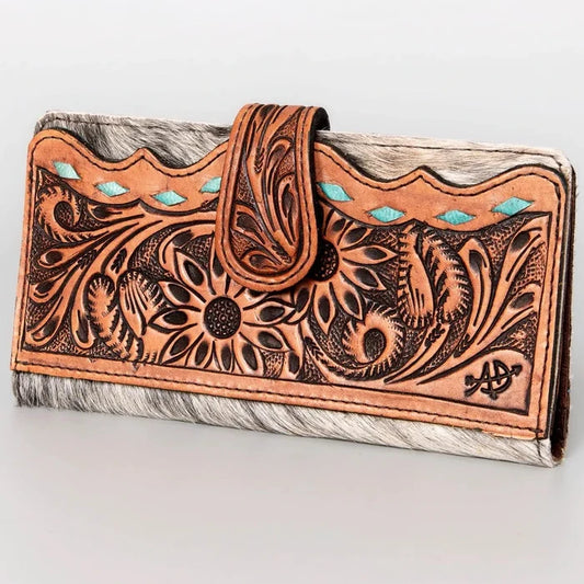 American Darling Hair-on-Hide Buckstitch Floral Tooled Leather Snap Wallet