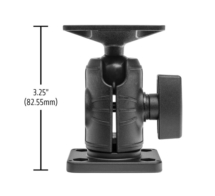 Side view of the AMPS Mounting Pattern with OCTO™ Rectangular Drill-Base Mount, showing its 3.25-inch (82.55 mm) height, flat base, rotatable design, and secure 4-Hole-AMPS mounting system.