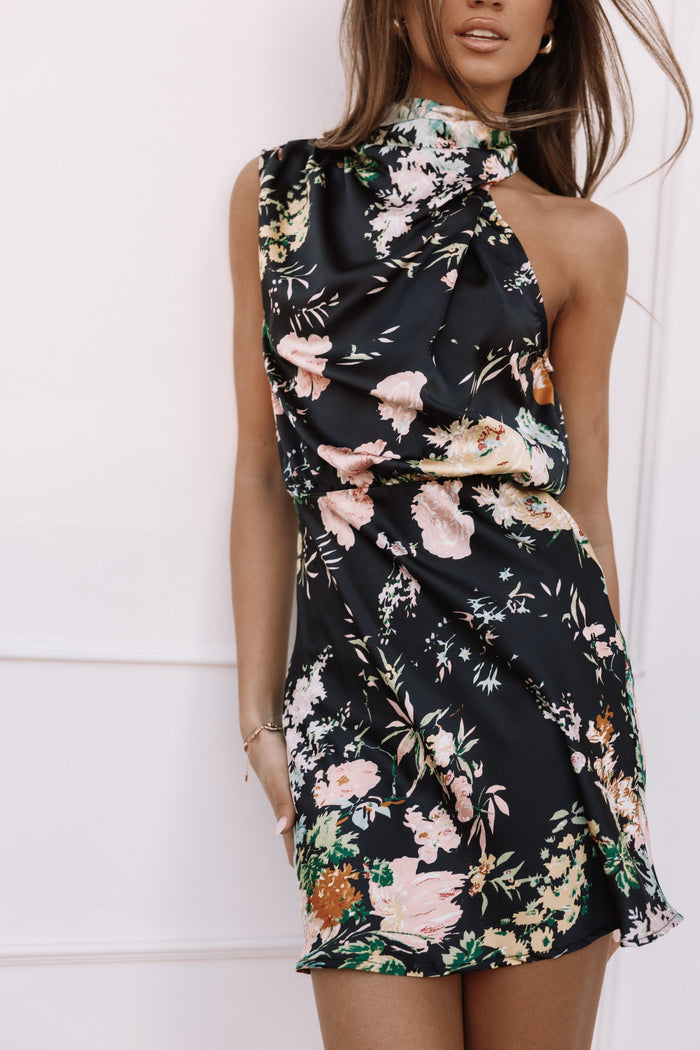 Petal and Pup USA DRESSES Anabelle Halter Neck Mini Dress - Black Floral