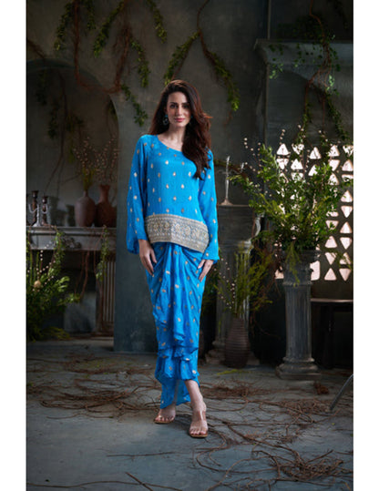 Aqua chinon embroidered top with pleated skirt