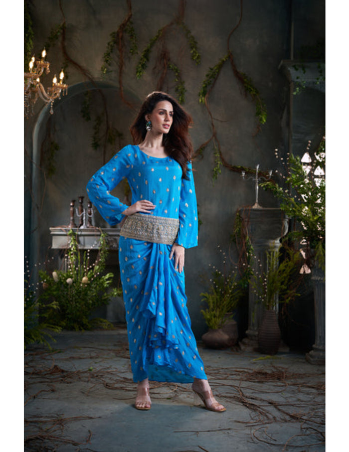 Aqua chinon embroidered top with pleated skirt