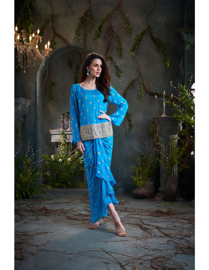 Aqua chinon embroidered top with pleated skirt
