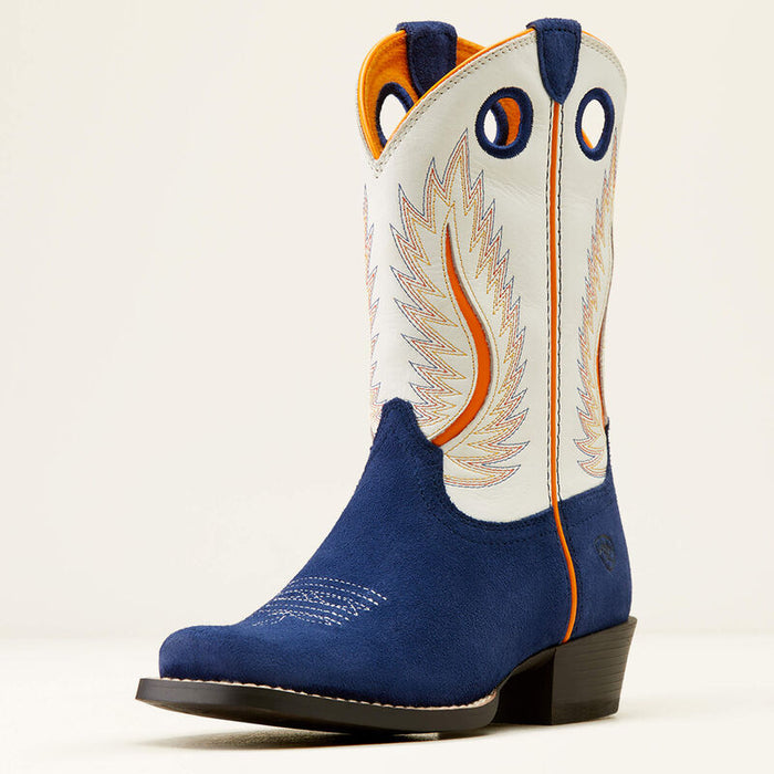 Ariat Kid's Futurity Fort Worth Western Boot in Patriot Blue Suede/ Pale Moon