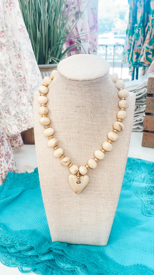 Athens Cream Beaded Necklace with Heart Charm