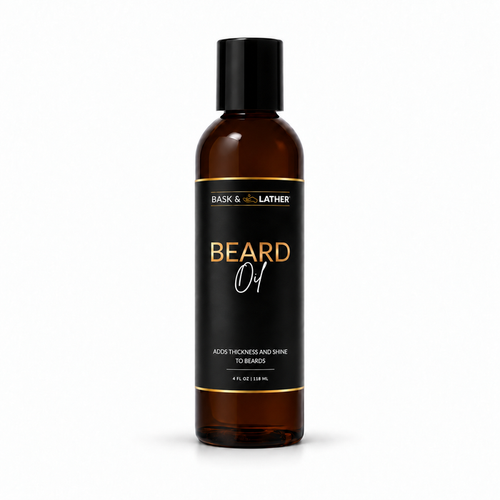A 4 fl oz amber glass bottle of Bask & Bother Beard Oil with a black cap and black label featuring gold and white text, set against a plain white background.