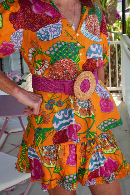 Basket Weave Circle Buckle Straw Belt Magenta