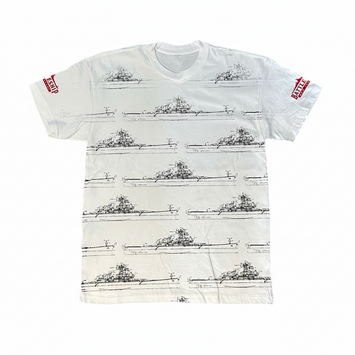 White t-shirt with black ship pattern and red labels on sleeves against a white background