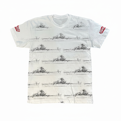 White t-shirt with black ship pattern and red labels on sleeves against a white background