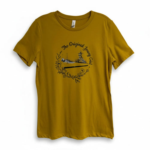 A yellow crew neck t-shirt with a graphic print of the Battleship New Jersey and the text 'The Original Jersey Girl'.
