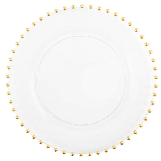 Posh Setting 10 Inch Dinner Plate Clear and Gold Round Plastic Plates (10 Pack) - Beaded