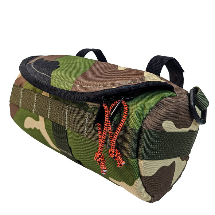 camo bike handlebar bag on white background