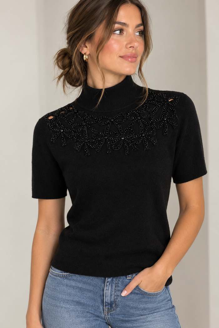 Black Beaded Bow Sweater