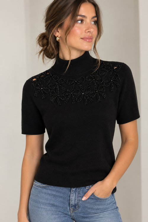 Black Beaded Bow Sweater