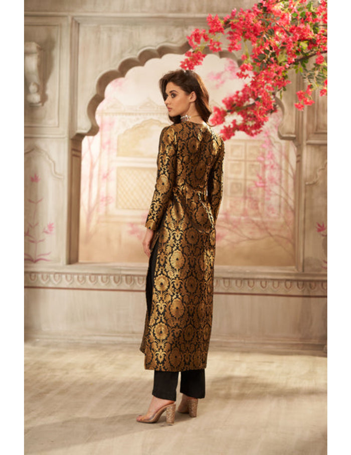 Black brocade jacket with straight pants for evening wear