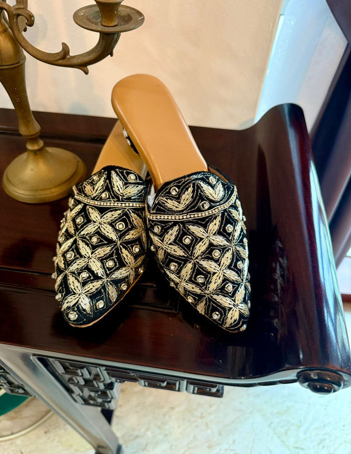 Black Embellished Ethnic Mules