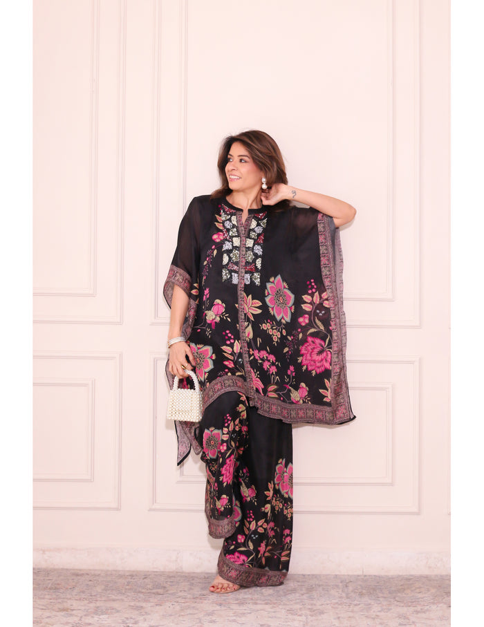 Black Floral Kaftan Co-ord Set