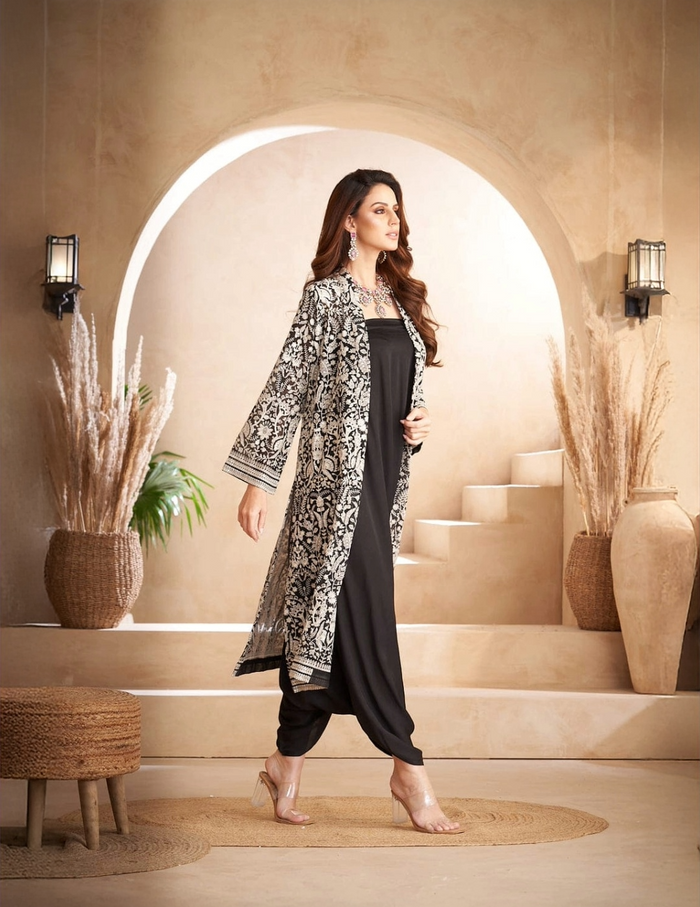 Black georgette chikankari jacket set with embroidery